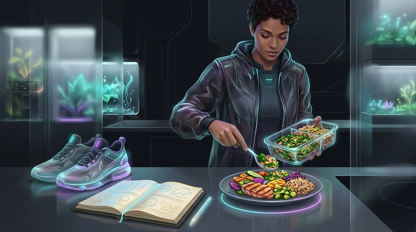 Person assembling a balanced meal next to athletic shoes and a progress tracker for a belly fat loss plan.