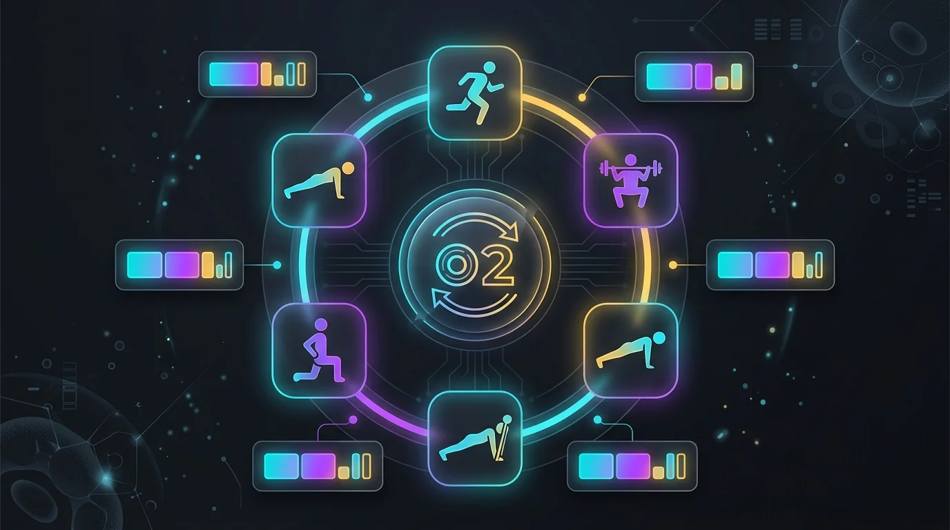 Visual circuit map showing 6 exercise icons in a ring with 40s/20s work-rest labels and a "×2 rounds" badge in the center