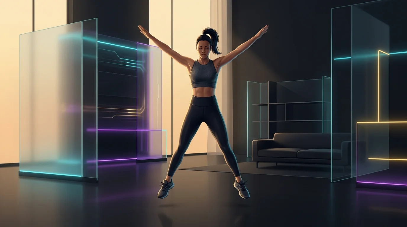 Person performing a jumping jack in a minimalist living room during a 15-minute HIIT fat-burning session.