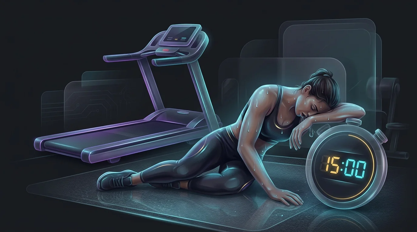 Person sweating on gym floor beside a fifteen-minute timer after an intense HIIT fat-burning session.