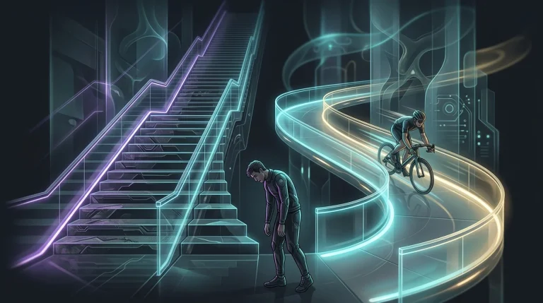 Person choosing a ramp over stairs to illustrate how systems make staying consistent with working out easier.