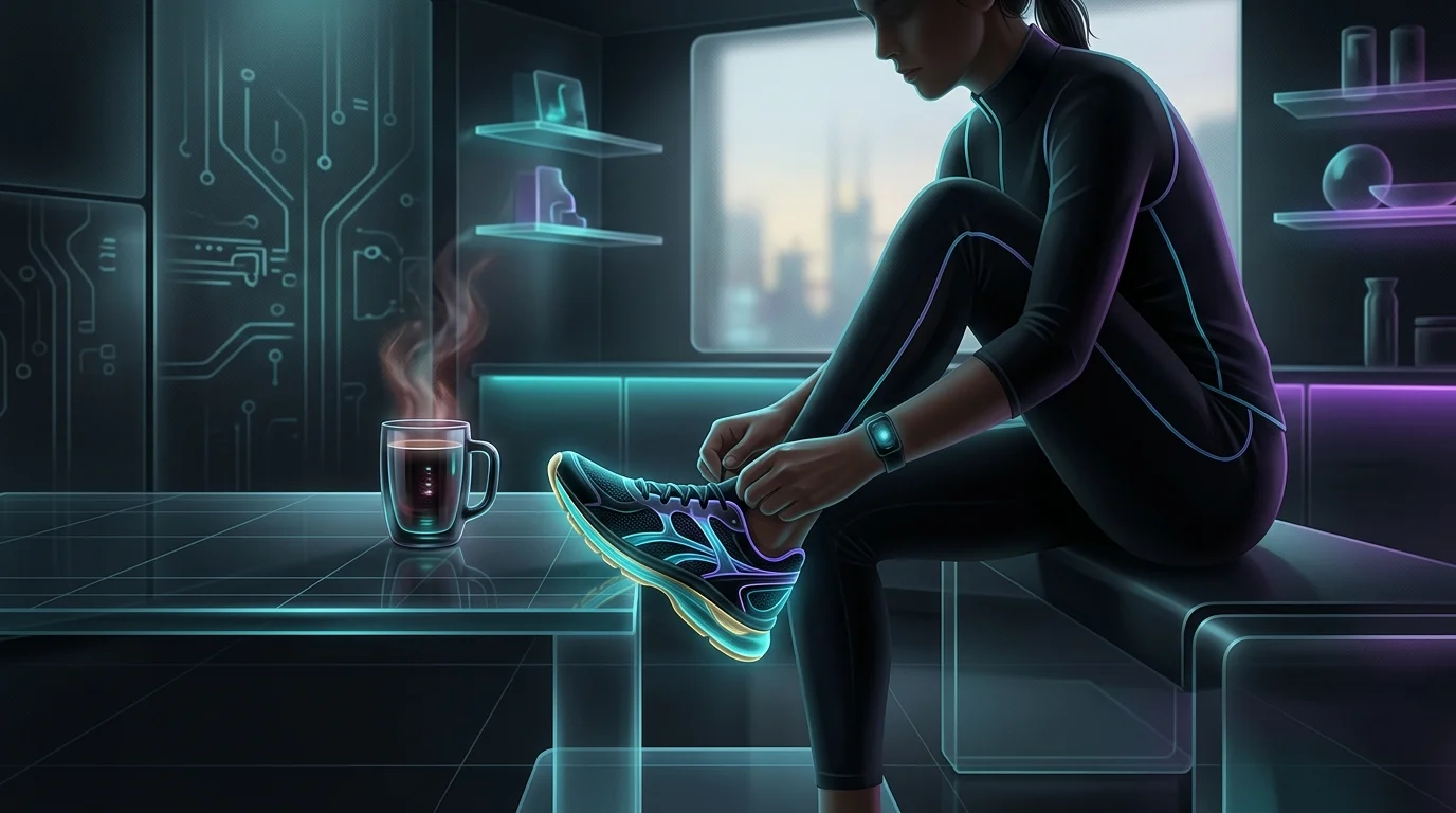 Person putting on a running shoe next to morning coffee to build a consistent workout habit.