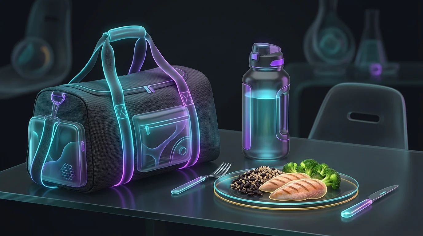 Balanced meal of chicken and beans with a water bottle and gym bag to support your beginner workout guide nutrition.
