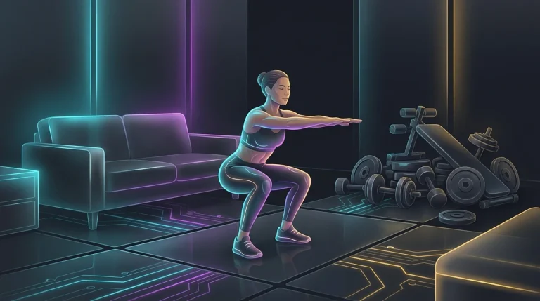 Person calmly performing a bodyweight squat as part of a consistent beginner workout routine.