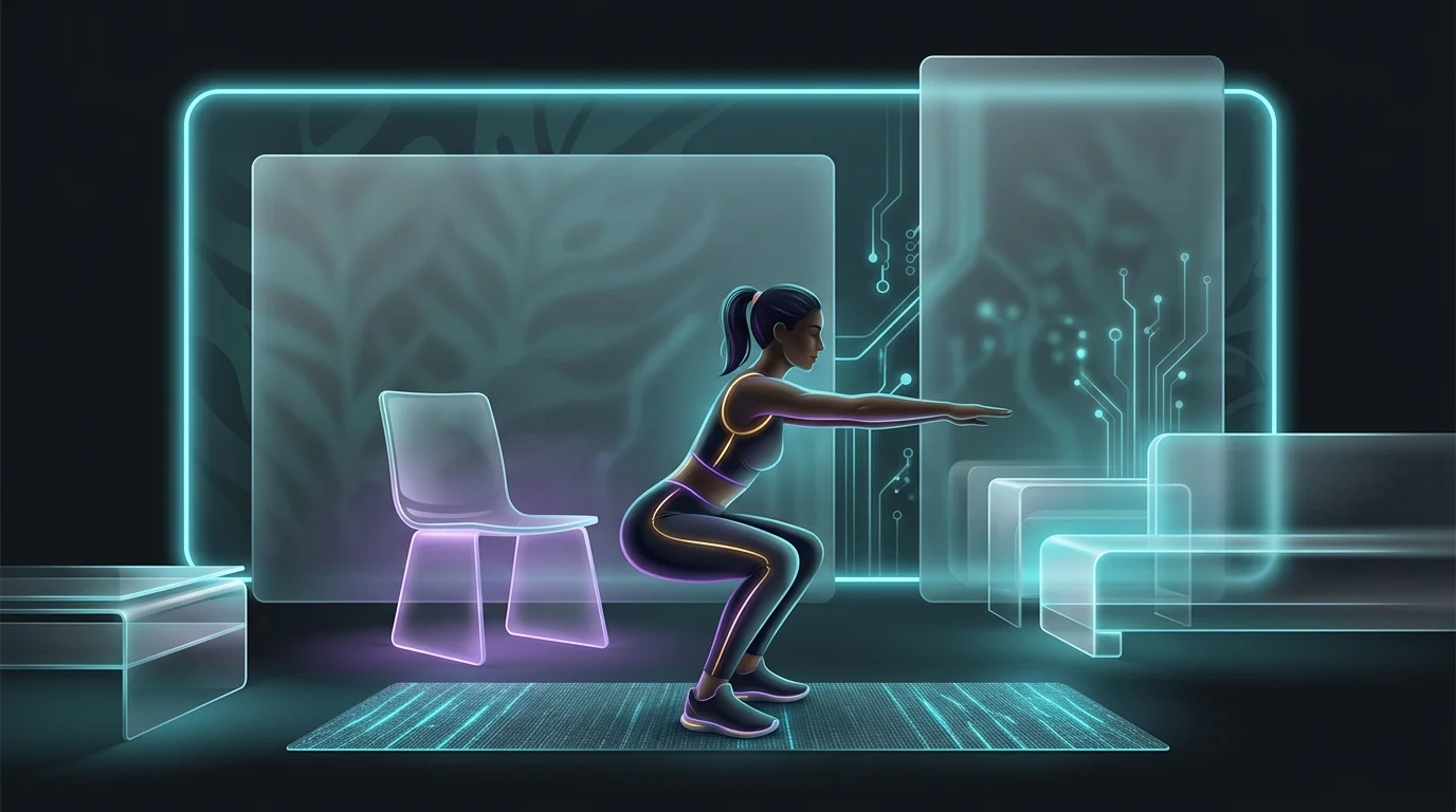 Person performing a beginner chair squat in a living room as part of a 4-week workout guide.