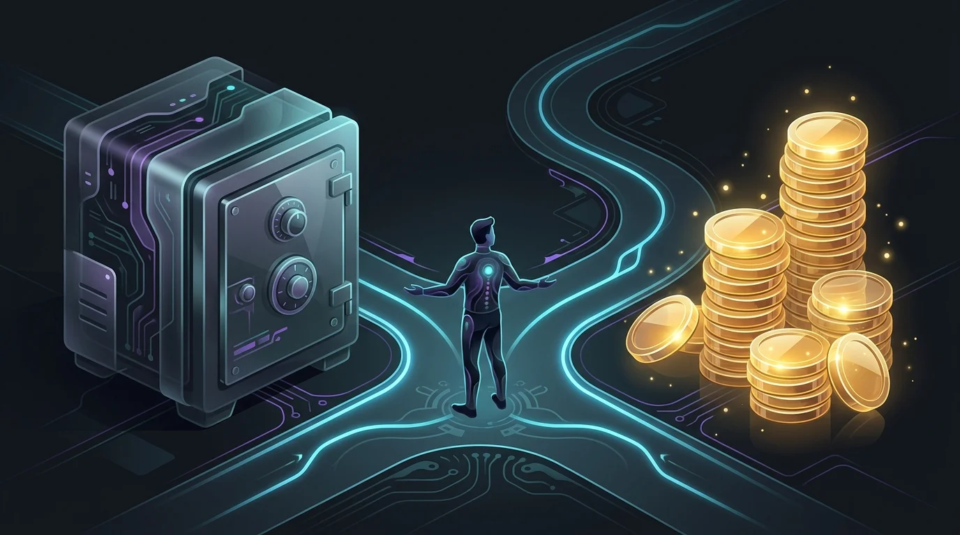 Person at a fork in the road choosing between a secure iron safe and growing investments for life insurance planning.