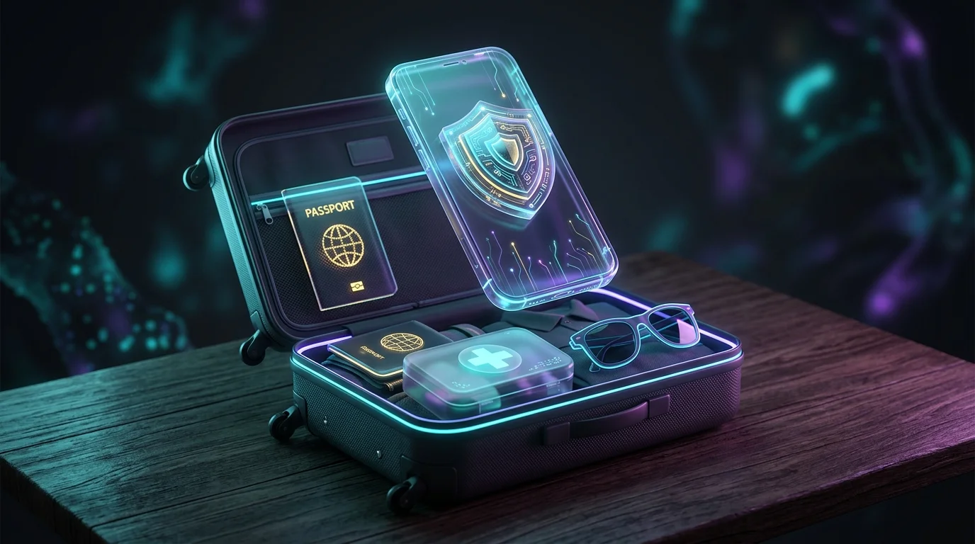 Smartphone showing a shield icon over an open suitcase with travel essentials for comprehensive trip insurance coverage.
