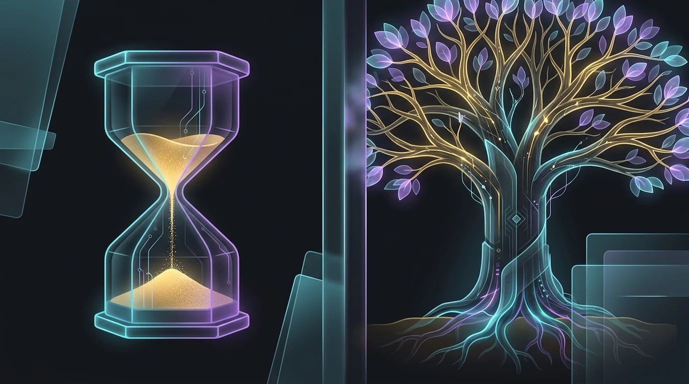 Hourglass representing term insurance alongside a sturdy oak tree illustrating permanent whole of life insurance.