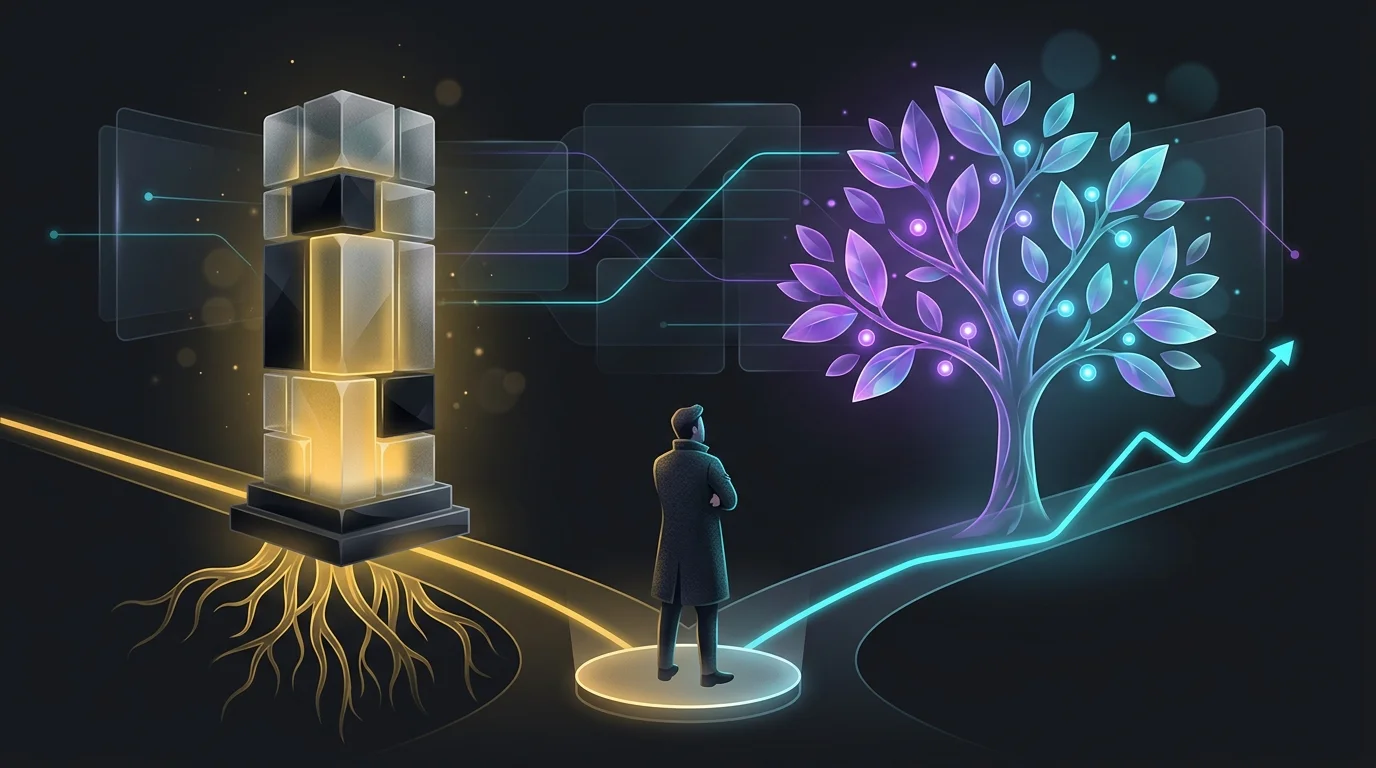 Person at a crossroads choosing between a stable stone pillar and a growing tree for whole life insurance policy needs.