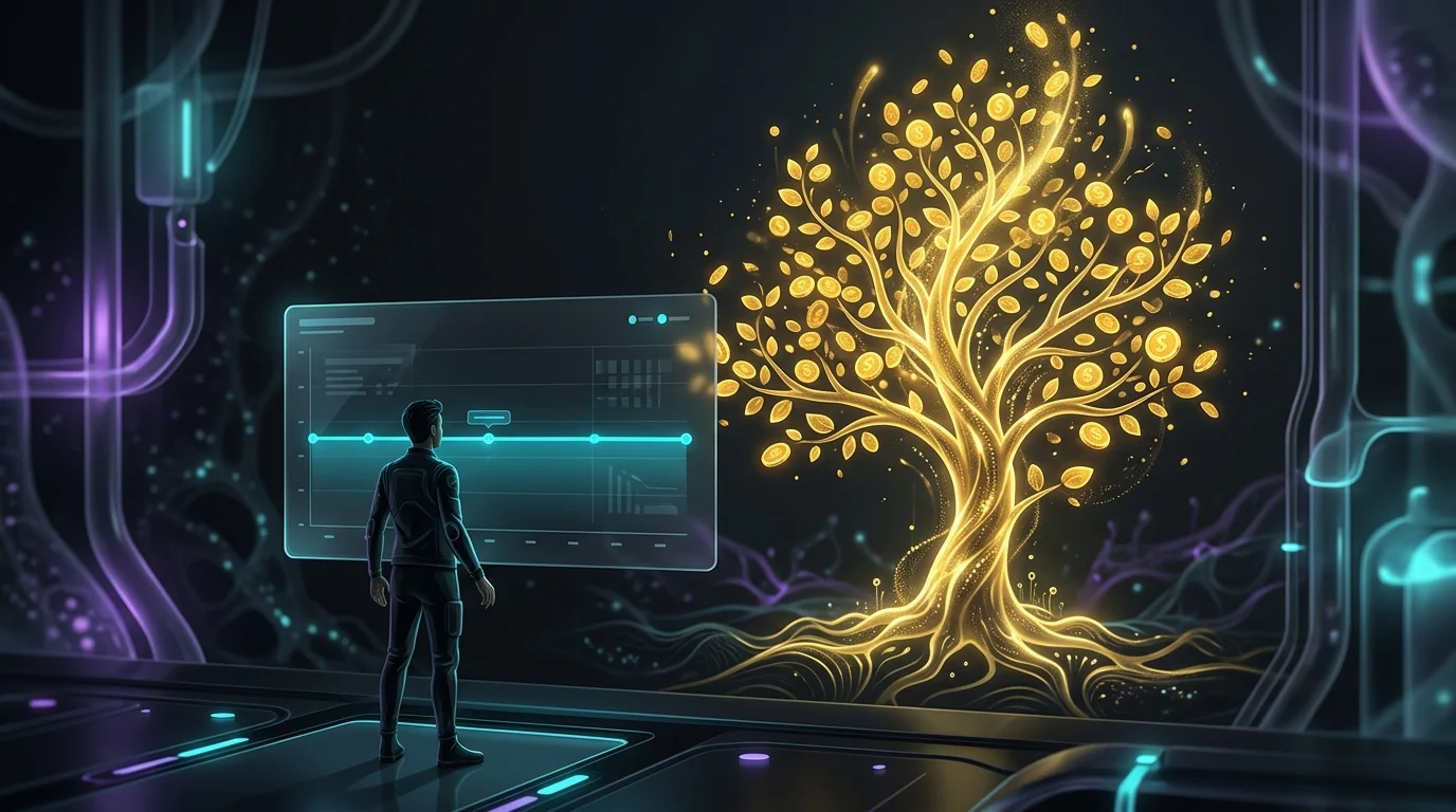 Person looking at a stagnant graph while a golden tree of coins grows out of reach in a nonparticipating life insurance plan.