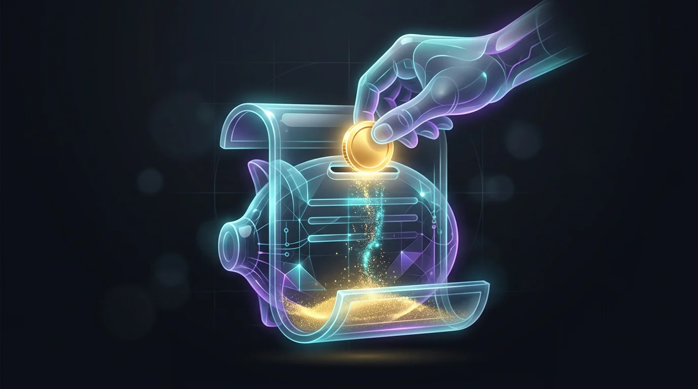 Hand placing a gold coin into a document-shaped piggy bank to represent immediate life insurance cash value growth.
