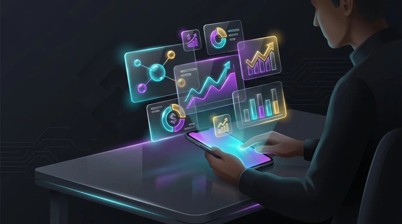 Person using a smartphone to view glowing digital charts, illustrating how AI tools simplify personal finance management.