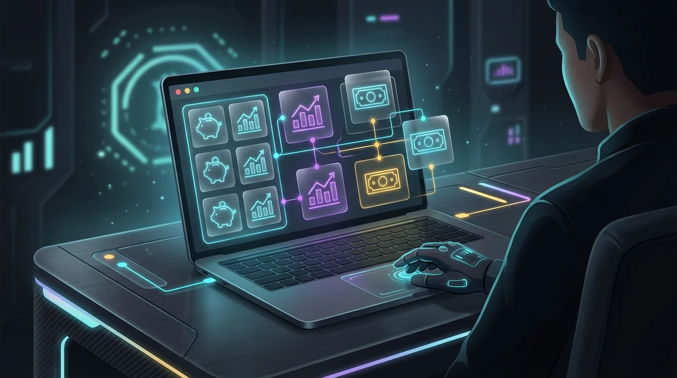 Person organizing financial icons into a digital dashboard on a laptop for AI personal finance mastery.