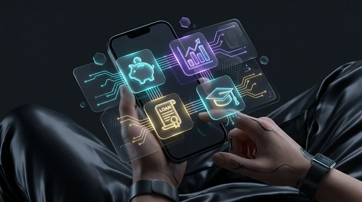 Smartphone displaying a SoFi dashboard with icons for budgeting, investing, and loans for personal finance mastery.