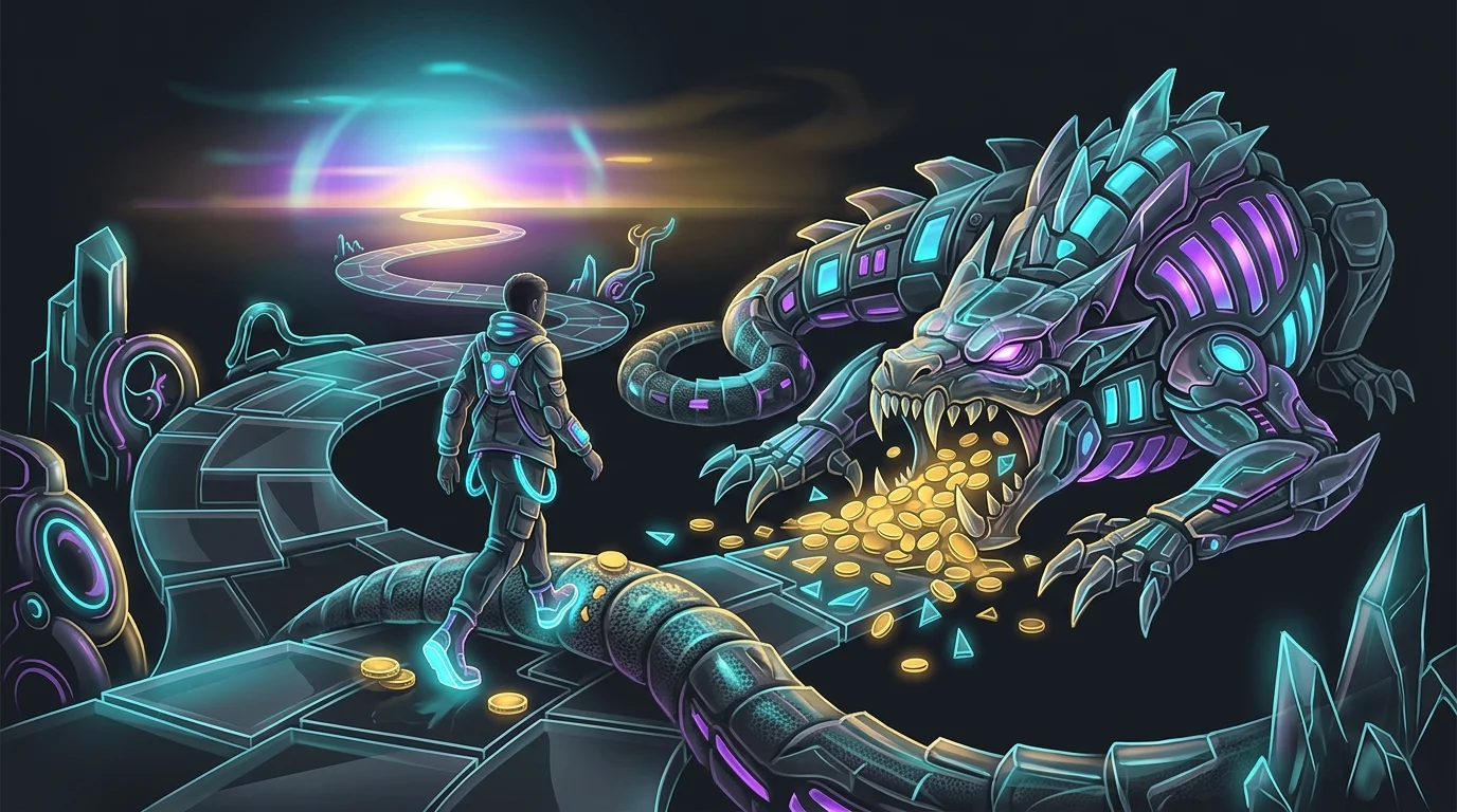 Person walking on a winding path toward a sunset, carefully stepping over a monster eating gold coins in retirement.