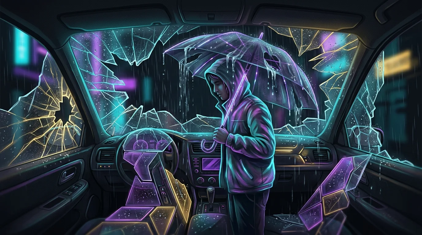 Person holding a leaking umbrella inside a car with a shattered windshield, representing uninsured accident risks.