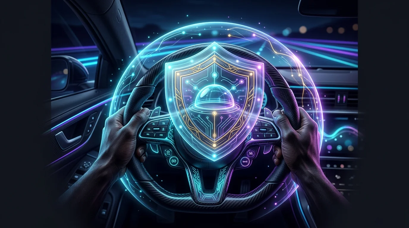 Hands firmly on a steering wheel with a safety shield icon representing accident prevention strategies.