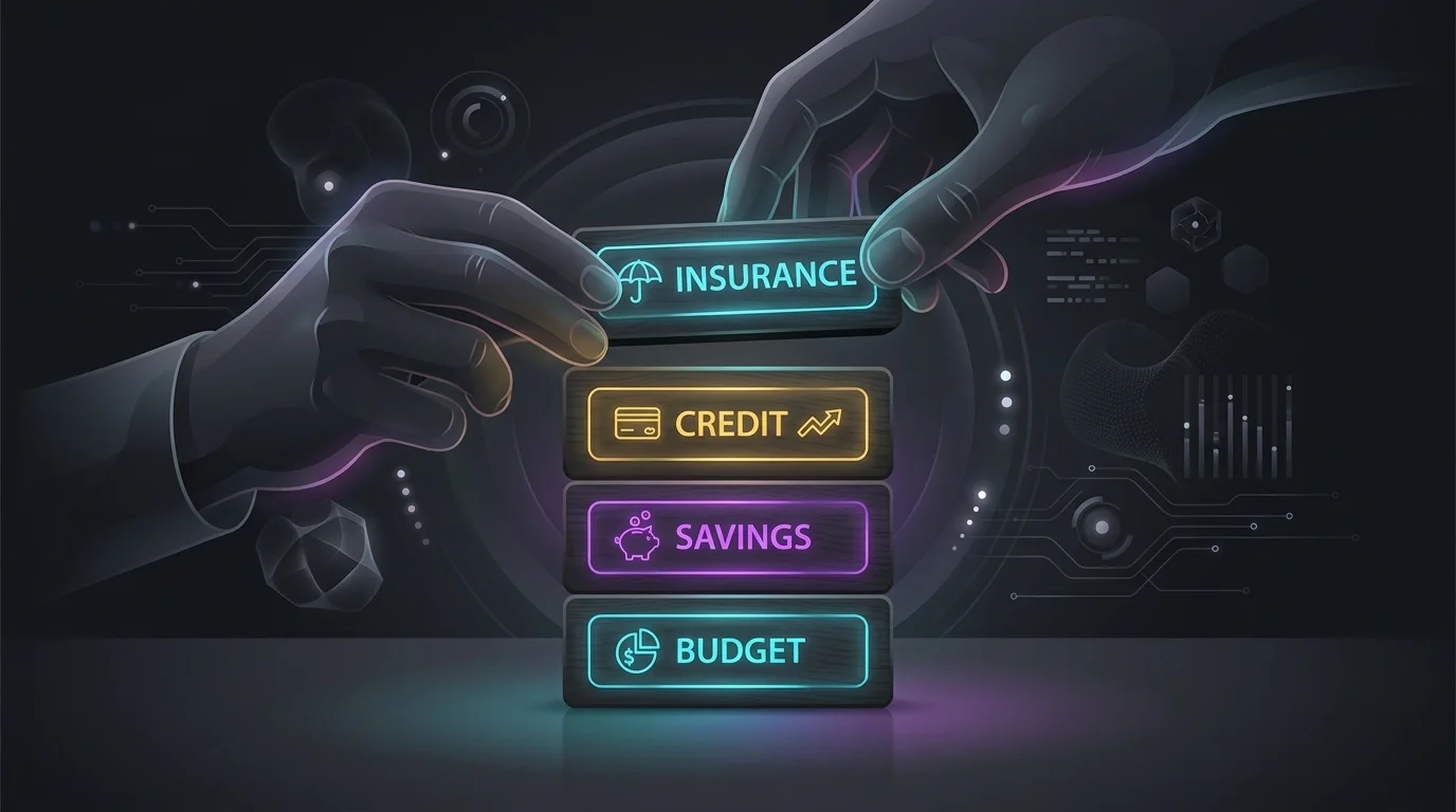 Hands stacking wooden blocks labeled budget, savings, credit, and insurance to build personal finance stability.