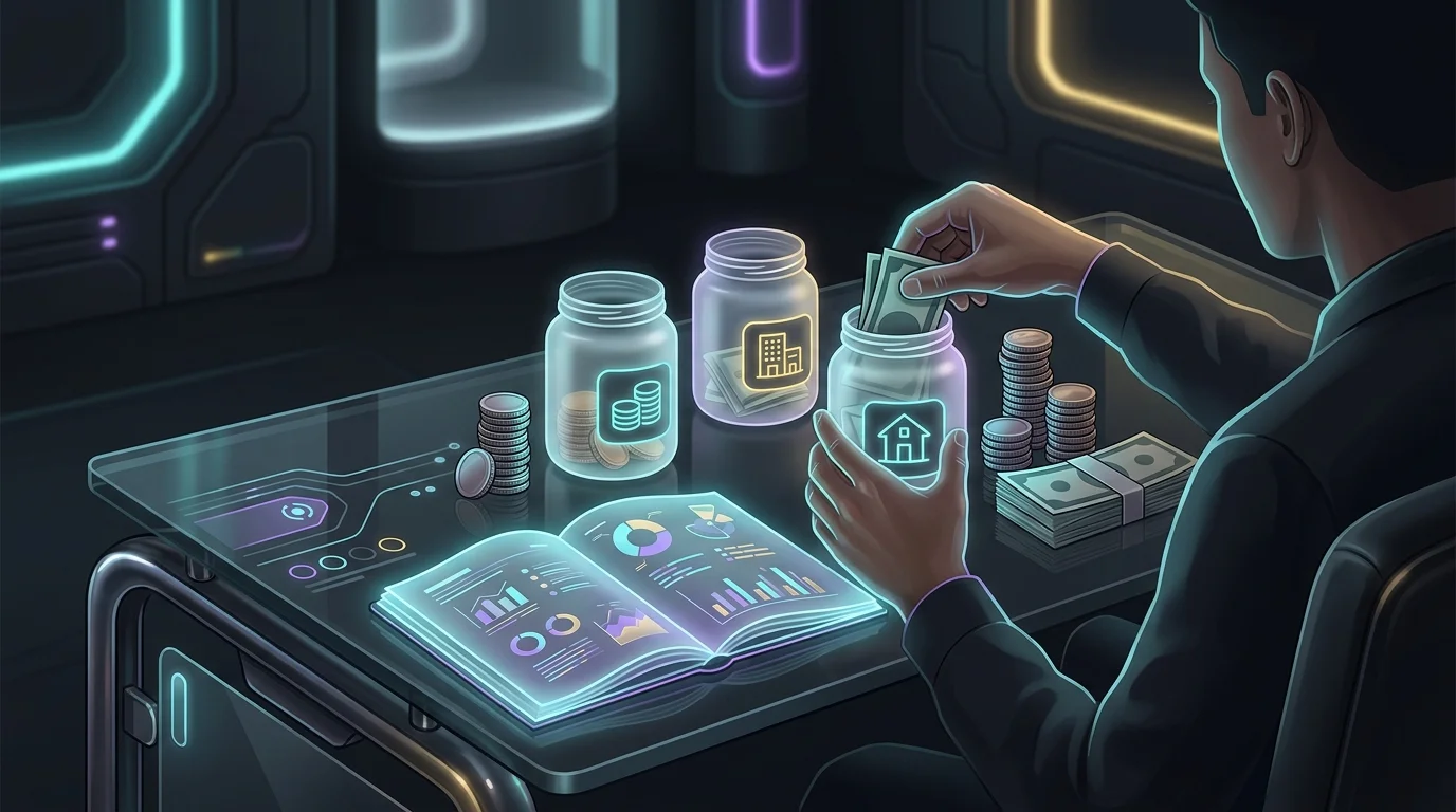 Person organizing cash into labeled jars while reading a personal finance guide to improve financial literacy.