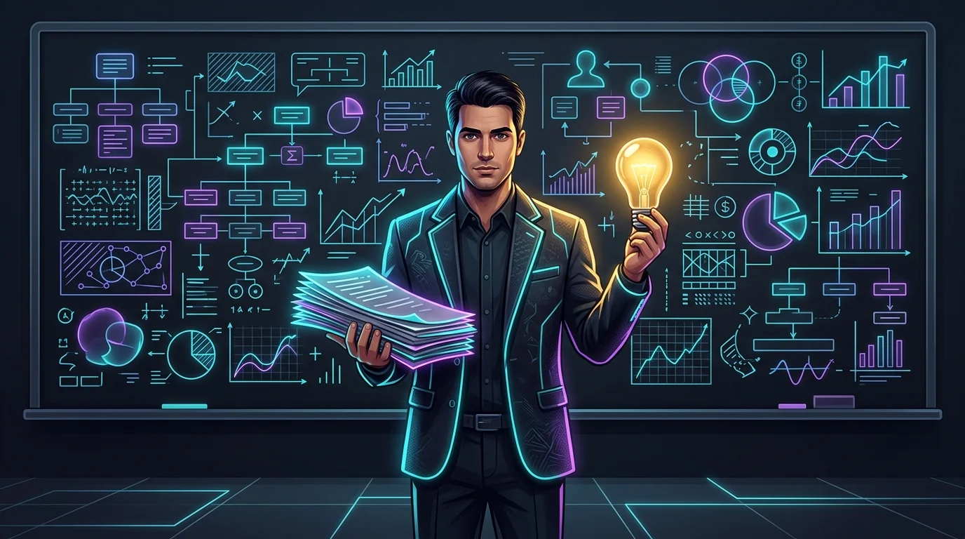 Teacher holding a lightbulb before a complex chalkboard to illustrate challenges in personal finance education.