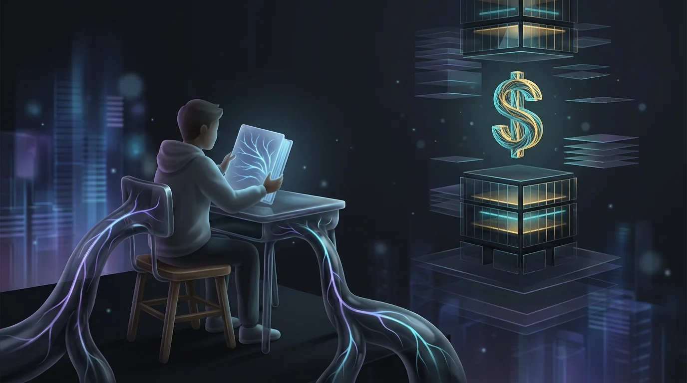 Student at a school desk looking toward a distant office building, illustrating the gap in personal finance education.