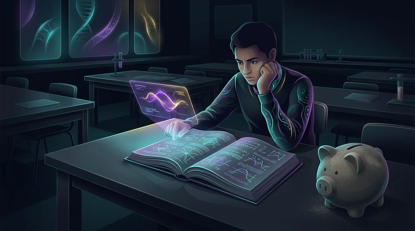 Student at a desk with a complex math textbook and a dusty piggy bank representing a lack of personal finance education.
