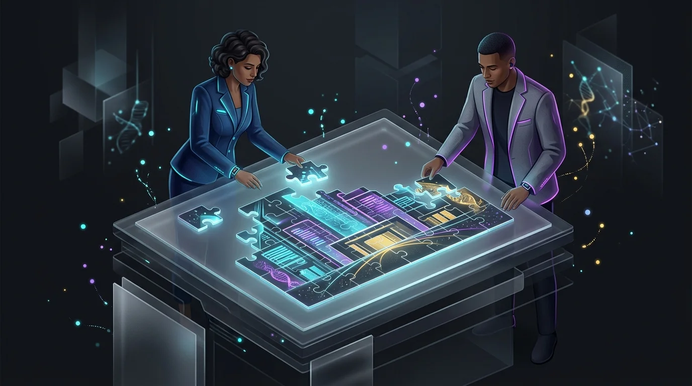 Business partners assembling a puzzle shaped like a company to illustrate drafting a clear buy-sell agreement.