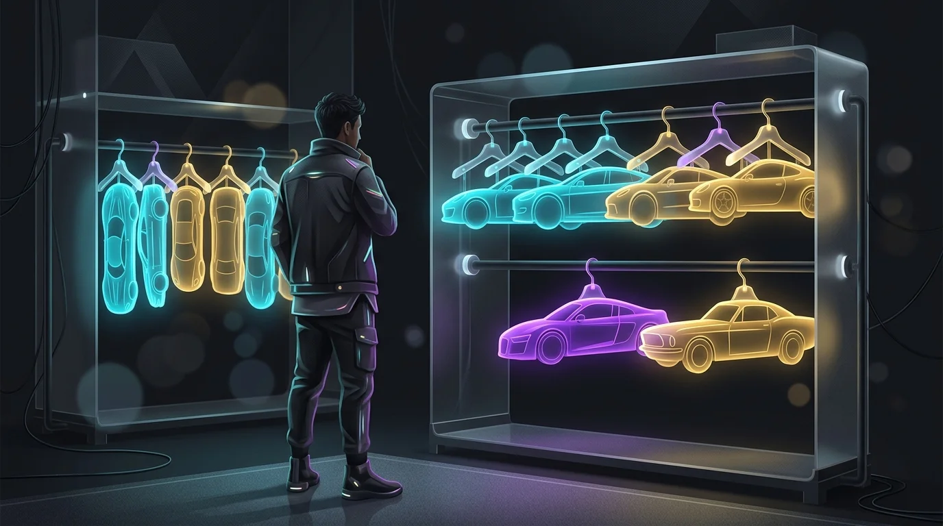 Person in a dressing room comparing car-shaped outfits to find the best auto insurance quote.