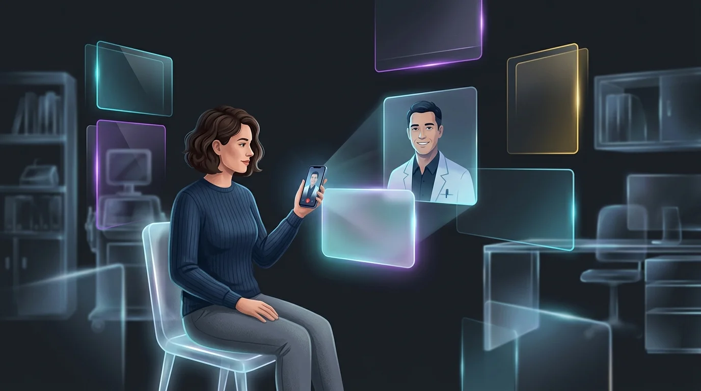 Patient using a smartphone for an affordable Sesame Care virtual doctor visit with transparent pricing.