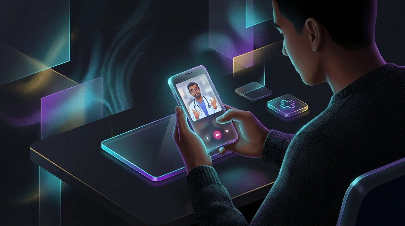 Person using a smartphone for a virtual Sesame Care consultation to highlight healthcare convenience.