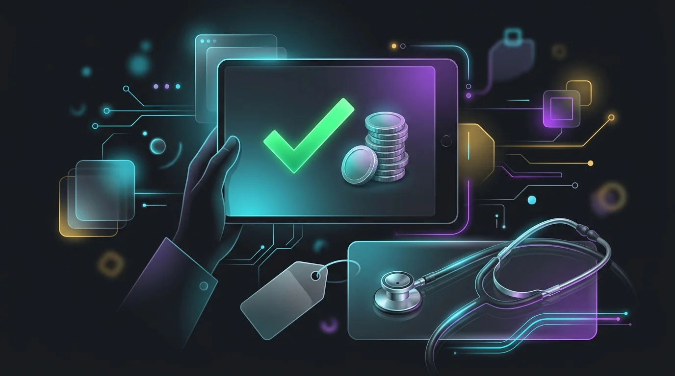 Tablet showing a green checkmark and coins next to a stethoscope to represent affordable Sesame Care quality.