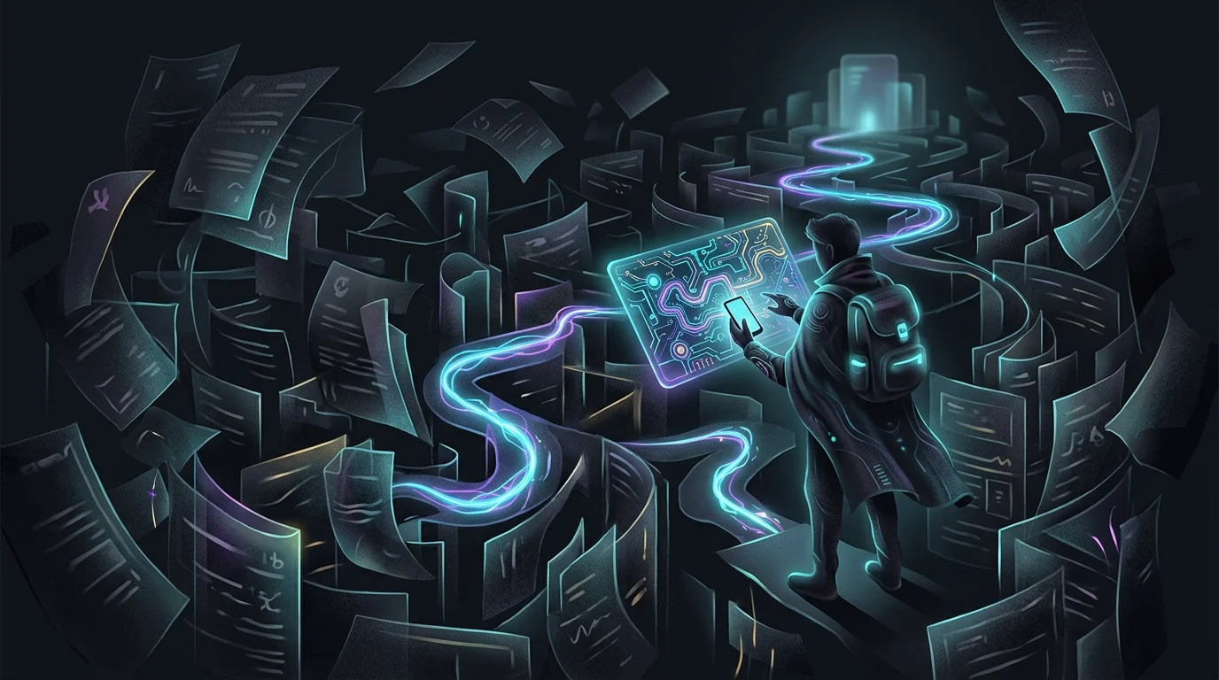 Traveler using the Faye app to navigate a complex maze of insurance documents on a smartphone.