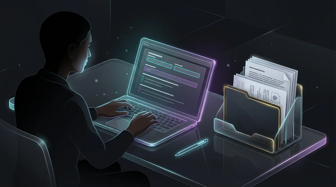 User completing an online estate planning questionnaire on a laptop with legal documents organized nearby.