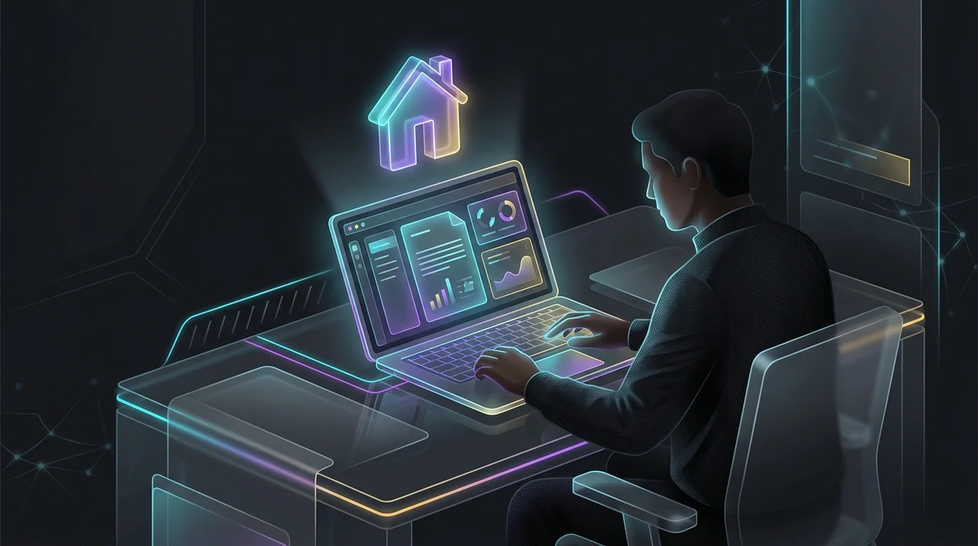 Person using a laptop to create online estate planning documents with a house icon.