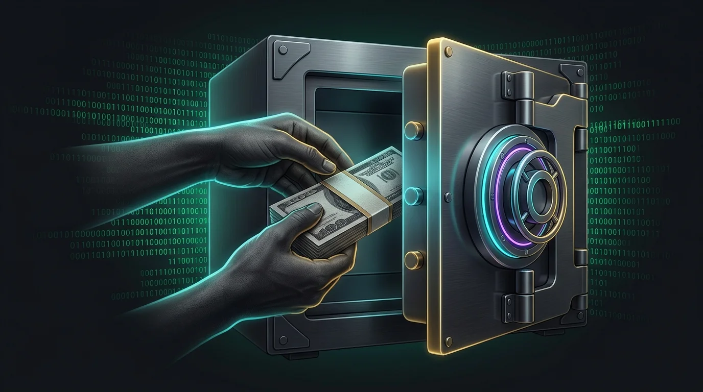Hands placing cash into a secure vault against digital code, highlighting Mullvad VPN's anonymous payment options.