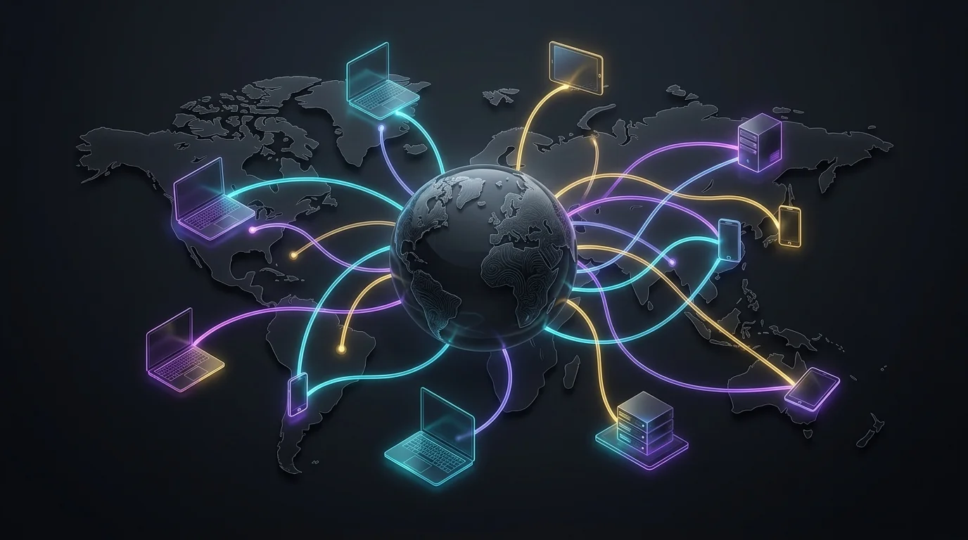 Digital world map showing Pure VPN global server coverage and simultaneous device connectivity for online privacy.