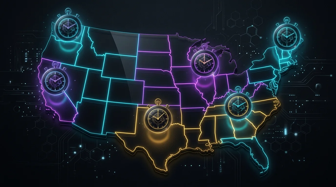US map showing states with unique open enrollment health insurance deadlines and distinct state-run timelines.