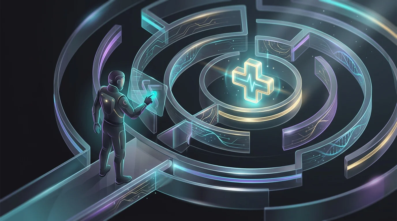 Person navigating a complex maze toward a medical cross icon to represent understanding Affordable Care Act benefits.