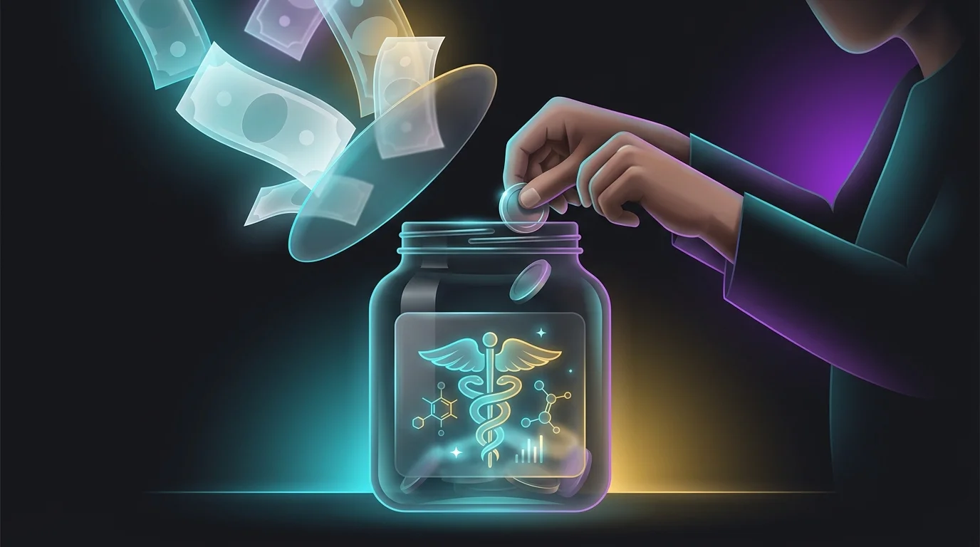 Person placing coins into a medical savings jar shielded from expenses to help manage health insurance costs.
