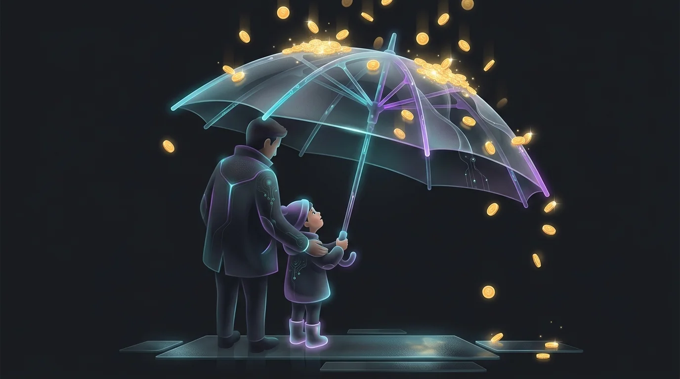 Parent holding an umbrella over a child as golden coins fall to represent financial protection from life insurance.