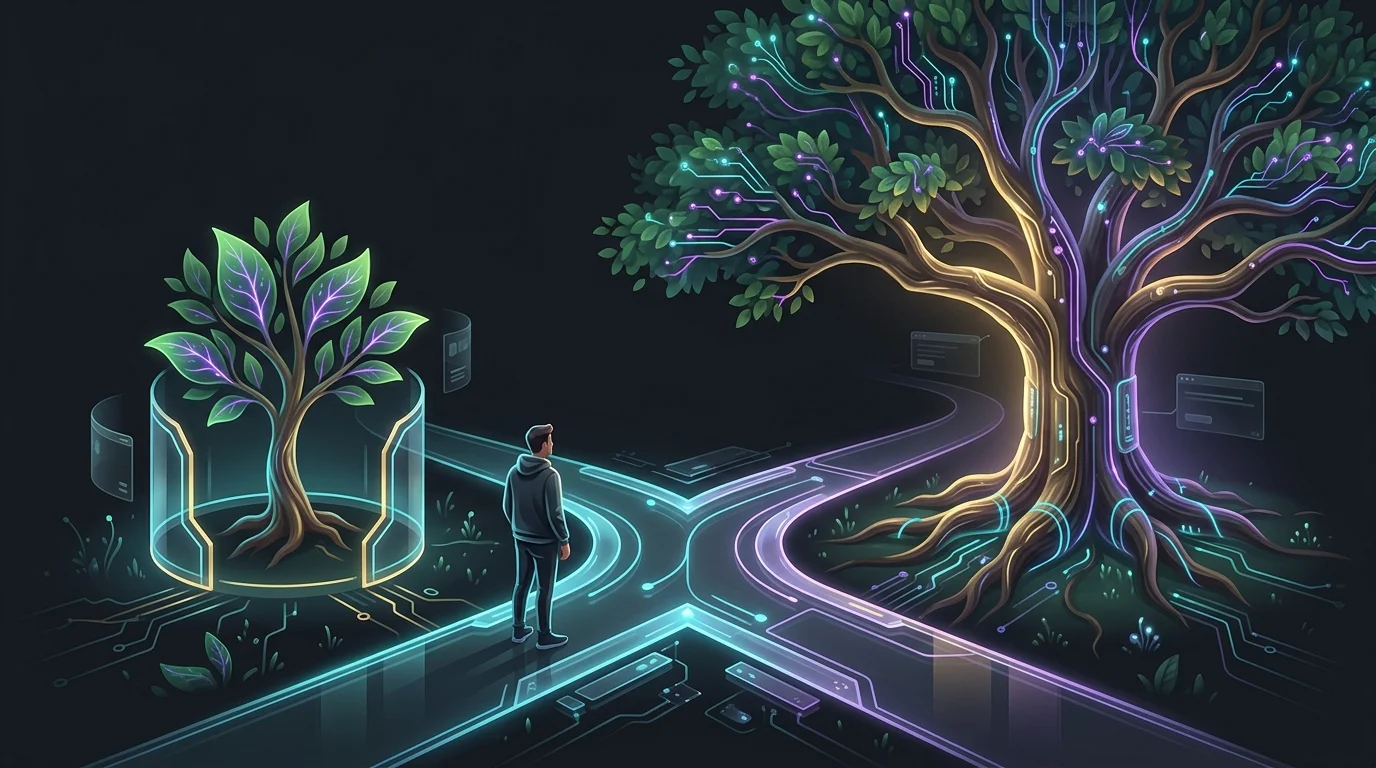 Person choosing between a sapling and an oak tree to represent term versus permanent life insurance coverage.