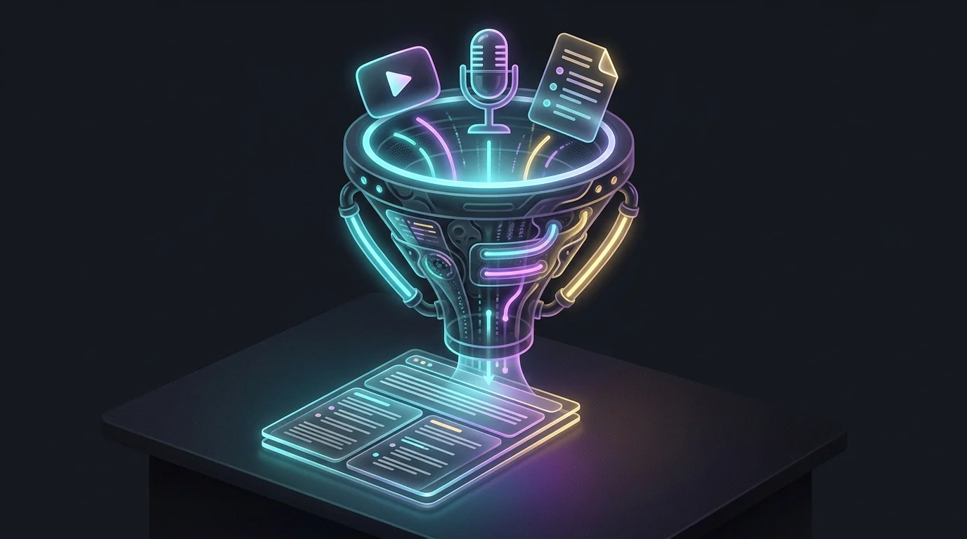 Mechanical funnel converting media files into a polished blog post using Blogify.ai content creation technology.