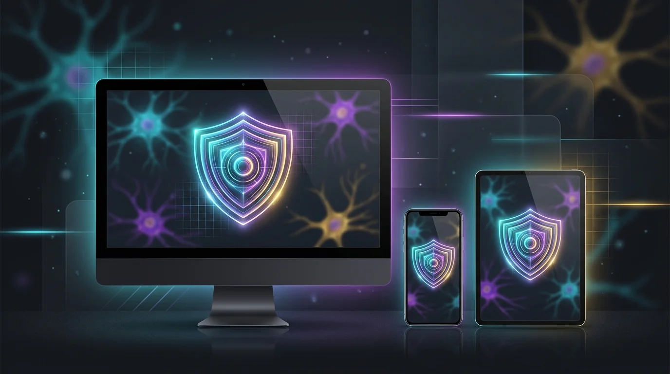 Desktop, smartphone, and tablet displaying the Aura cybersecurity shield for consistent cross-device protection.