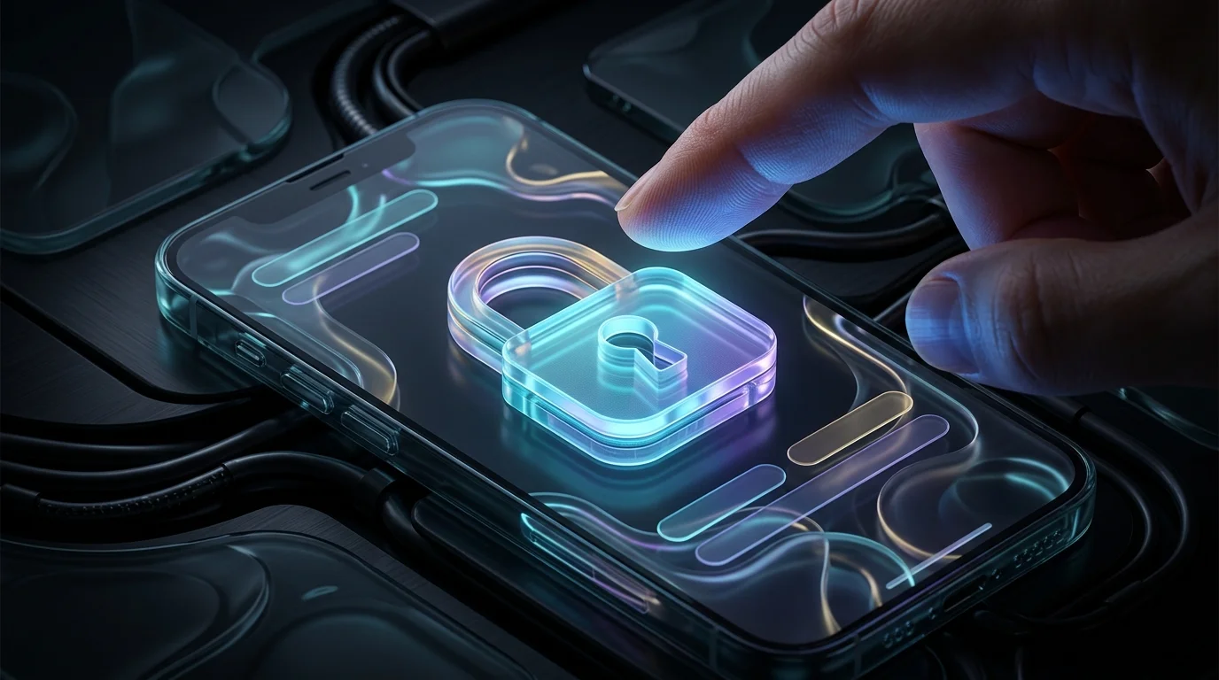 Finger hovering over a smartphone screen to instantly lock a credit file for Aura financial fraud protection.