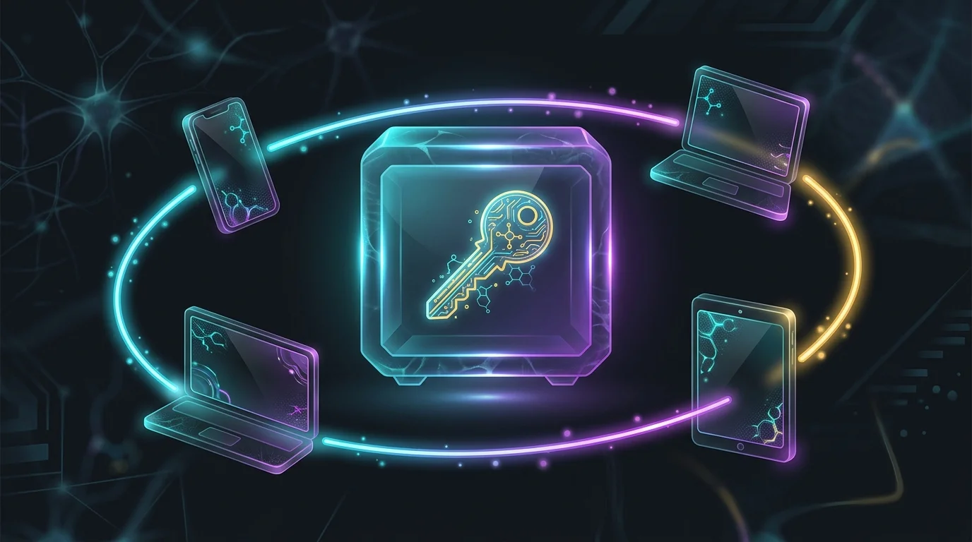 Glowing digital key in a secure vault icon connected to multiple devices for Aura password management.