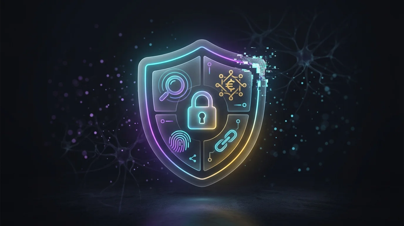 Digital shield icon representing Aura cybersecurity features like identity theft protection and financial monitoring.