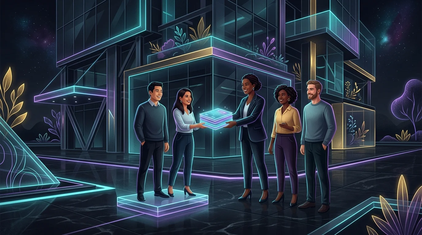 Small business owner handing health insurance documents to a diverse team outside a modern office.