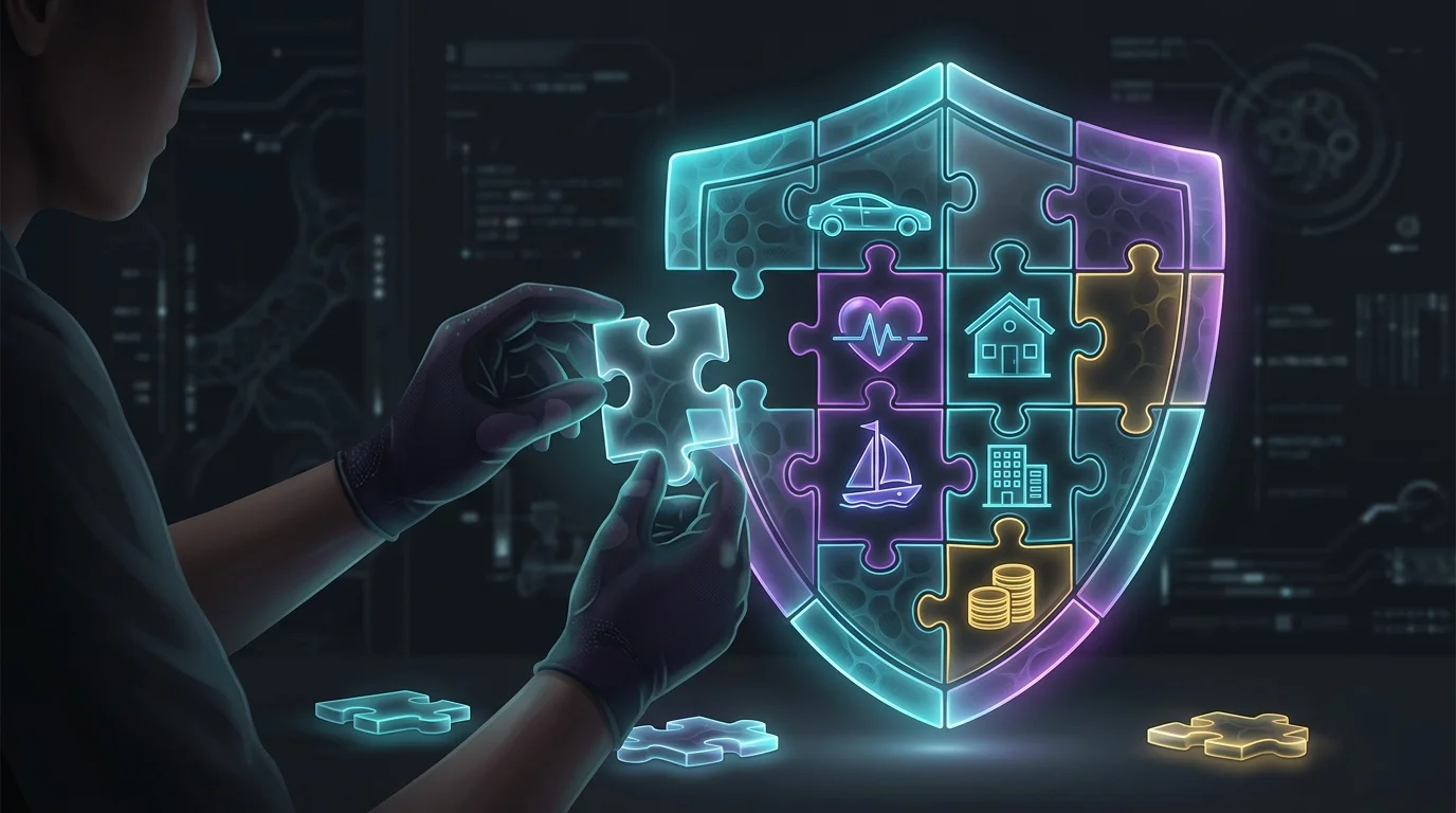 Person assembling a jigsaw puzzle of icons to form a protective shield for comprehensive personal insurance coverage.