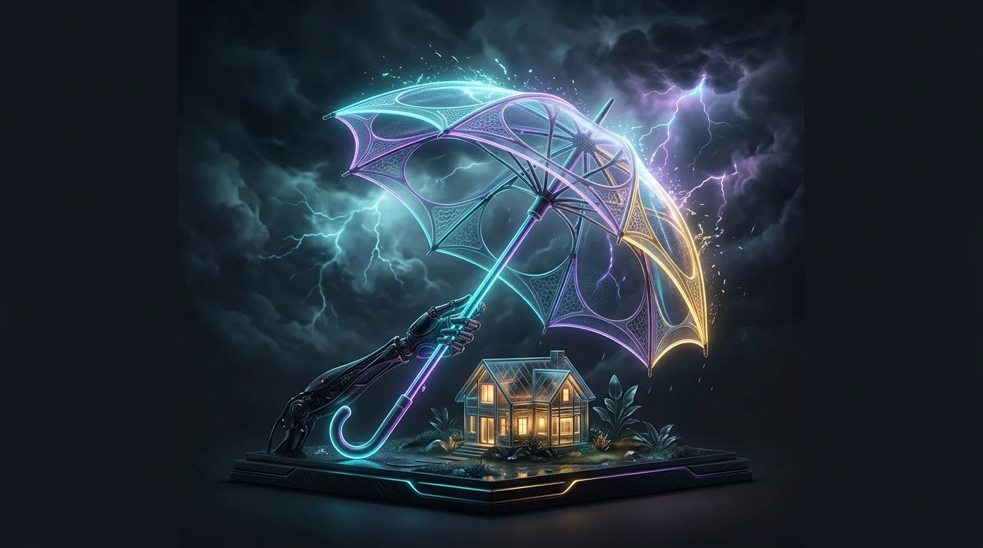 Open umbrella protecting a miniature house from a storm, symbolizing the financial security of life insurance.