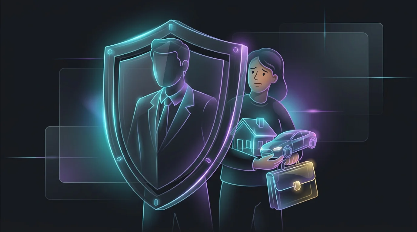 Insurance agent acting as a protective shield for a person holding symbols of home, auto, and business coverage.